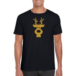 Rendier hoofd Kerst t-shirt - zwart met gouden glitter bedrukking - heren - Kerstkleding / Kerst outfit XL