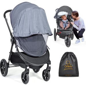 Universele insectenbescherming met zonnezeil, 2-in-1 voor kinderwagen en buggy, scheurvast, vliegennet en zonwering met uv-bescherming 50+, fijnmazig muggennet voor reisbed en babyzitje met tas (grijs)