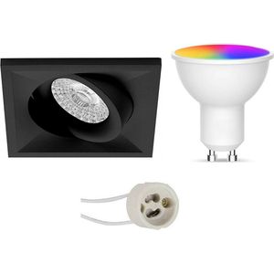 LED Spot Set GU10 - Oficto - Smart LED - Wifi LED - Slimme LED - 5W - RGB+CCT - Aanpasbare Kleur - Dimbaar - Afstandsbediening - Proma Qiundo Pro - Inbouw Vierkant - Mat Zwart - Kantelbaar - 80mm