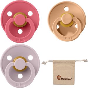 Bibs fopspeen - maat 2 6-18 maanden - set 3 stuks – Coral - Peach - Dusky Lilac + Monkiezz speenzakje