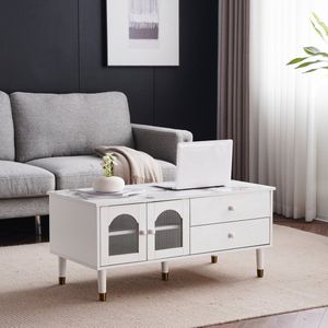 Sweiko Elegante 100cm lange salontafel in wit tinMDF met gemarmerd blad, lichte luxe stijl, 2 deuren, 2 lades, gouden accenten