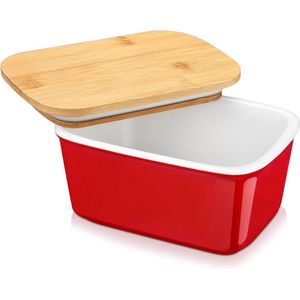 Lovecasa Botervloot, porseleinen boterhouder met bamboe deksel, Franse botervloot, verwijderbare siliconen afdichting, 500 ml, rood