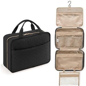 Travel Toiletry Bag, Grote Hangende Hangbaar zwart Make-uptas Organizer voor Vrouwen, Transparante Reis Make-uptas met Ophanghaak voor Flessen van Groot Formaat, Vakantiebenodigdheden, Zwart