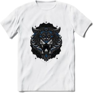 Tijger - Dieren Mandala T-Shirt | Blauw | Grappig Verjaardag Zentangle Dierenkop Cadeau Shirt | Dames - Heren - Unisex | Wildlife Tshirt Kleding Kado | - Wit - XXL