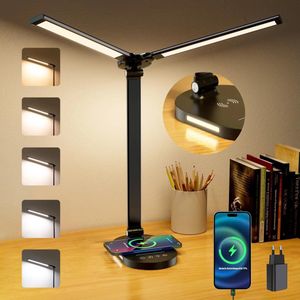 Dubbele Kop Bureaulamp met Draadloze Oplader, Verstelbare LED Tafellamp Dimbare Touch Bureaulamp met Timer, Zwenkbare Leeslamp met USB Oplaadbaar, 14 Watt, Zwart [Energieklasse F]