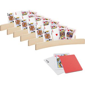 6x stuks Speelkaarthouders - inclusief 54 speelkaarten rood geruit - hout - 35 cm - kaarthouders