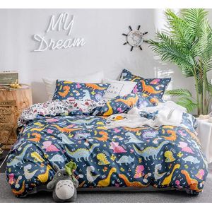 Donkerblauw beddengoed, 100 x 135 cm, schaduwrijke cartoon, dinosaurus, beddengoed, kleur, dino babybeddengoed, kinderdekbedovertrek, set, 2-delig, premium microvezel, omkeerbaar