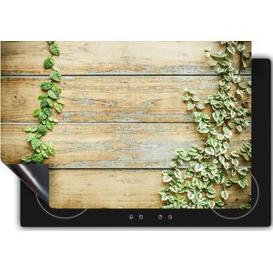 Chefcare Inductie Beschermer Houten Planken met Groene Bladeren - Hout - 76x51,5 cm - Afdekplaat Inductie - Kookplaat Beschermer - Inductie Mat