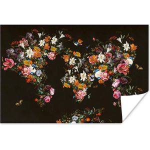 Poster - Wereldkaart - Bloemen - Vlinder - Zwart - 120x80 cm