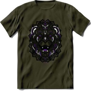 Leeuw - Dieren Mandala T-Shirt | Paars | Grappig Verjaardag Zentangle Dierenkop Cadeau Shirt | Dames - Heren - Unisex | Wildlife Tshirt Kleding Kado | - Leger Groen - S