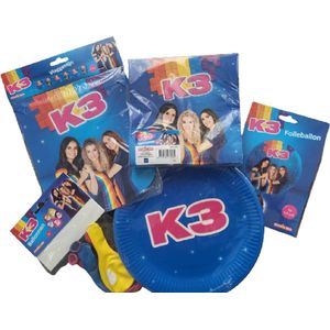 K3 feestpakket 5 delig: 8 bordjes, 20 servetten, 5 ballonnen, vlaggenlijn en folieballon - voor een gezellig K3 verjaardagsfeestje