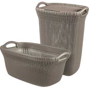 Curver Knit Wasmand met deksel 57L + Wasmand 40L - Bruin
