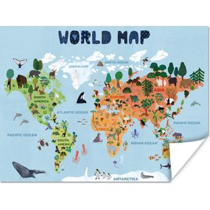 Wereldkaart - Kinderen - Dieren - Bomen - 40x30 cm - Poster