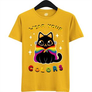Schattige Pride Vlag Kat - Unisex T-Shirt Mannen en Vrouwen - LGBTQ+ Suporter Kleding - Gay Progress Pride Shirt - Rainbow Community - T-Shirt - Unisex - Geel - Maat S