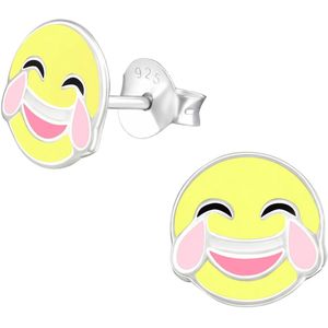 Joy|S - Zilveren smiley oorbellen - emoji - geel roze - 8 mm