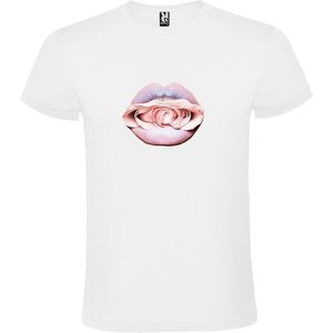 Wit t-shirt met Roze Mond met Roos groot size XS