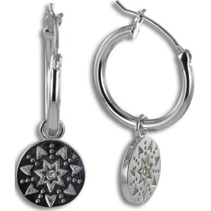 Silventi 9SIL-21175 Zilveren Oorringen met Hangertje - 18 x 2,1 mm - Muntje - 11,4 mm Doorsnee - Zirkonia - Rhodium - Zilver