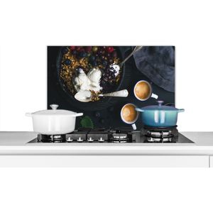 Spatscherm keuken 70x50 cm - Kookplaat achterwand Koffie - Fruit - Havermout - Muurbeschermer - Spatwand fornuis - Hoogwaardig aluminium