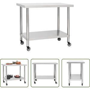 The Living Store Werktafel Gastronomisch - RVS - 80x60x85 cm - 4 wielen - Zilver