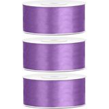 3x Hobby/decoratie paarse satijnen sierlinten 2,5 cm/25 mm x 25 meter - Cadeaulinten satijnlinten/ribbons - Lila paarse linten - Hobbymateriaal benodigdheden - Verpakkingsmaterialen