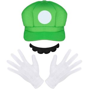 Kostuum set accessoires groen Luigi - 1x groen hoed/pet 63cm hoofdomtrek 1x plakbaard 1x paar witte nylon handschoenen 23cm voor carnaval, verkleed partijtjes