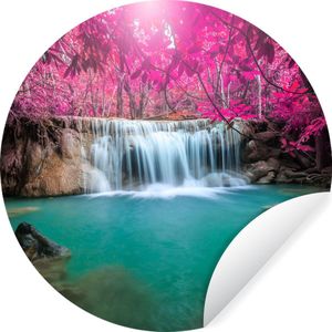 Behangcirkel - Waterval - Boom - Roze - ⌀ 140 cm - Zelfklevend behang - Behang zelfklevend - Behang sticker - Behang rond - Ronde schilderijen