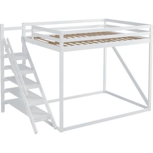 Merax Houten Hoogslaper 140x200 cm met Veiligheidsladder - Bed voor Kinderen - Jongeren en Volwassenen - Wit
