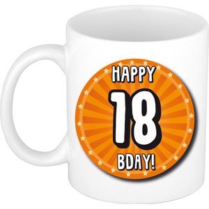Bellatio Decorations Verjaardag cadeau mok 18 jaar - oranje - wiel - 300 ml - keramiek