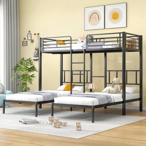 Driepersoonsbed- Driepersoons stapelbed met ladder voor kinderen en tieners- ijzeren bed met valbeveiligingsrail en tafel- zwart (90x200cm*3)