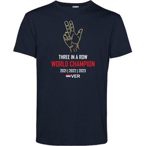 T-shirt Three in a Row World Champion | Formule 1 fan | Max Verstappen / Red Bull racing supporter | Wereldkampioen | Navy | maat M