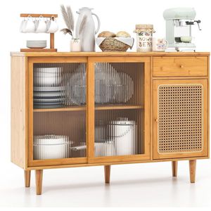 Buffetkast van bamboe, keukenkast met schuifdeur van glas en rotandeur en lade, keukenbuffet, dressoir voor keuken, woonkamer, eetkamer, hal, natuur, 120 x 35 x 83 cm