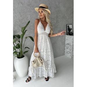 Boho maxi dress - Wit - Bohemian lange juk - Ibiza jurk - Ruffle jurk - V-hals - Strand jurkje - One-size - Een maat