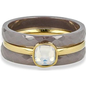 My Bendel - Set van grijs keramiek met quartz - Mooie ringenset van twee ringen van grijs keramiek met een gouden quartz ring - Met luxe cadeauverpakking