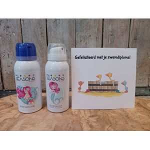 Zwemdiploma A-B-C-Zwemdiploma gehaald-Zwemkampioen-Zwemdiploma cadeau-Cadeauset-Afzwemmen-Geslaagd-Zwemdiploma behaald-Diploma zwemmen-Zwemdiploma gehaald cadeau-Deodorant-Bodymousse-Mermaid-Zeemeermin-bruisballen-kaart-Gefeliciteerd