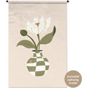 Wandkleed 120x180 cm - Wanddoek Vaas - Geruit - Bloem - Groen - Wandtapijt - Wandkleden