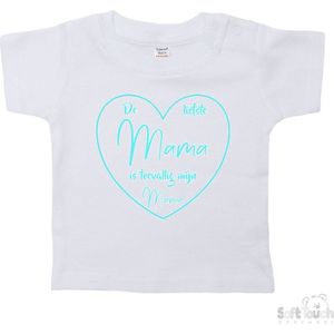 Soft Touch T-shirt Shirtje Korte mouw ""De liefste mama is toevallig mijn mama"" Unisex Katoen Wit/aqua Maat 62/68