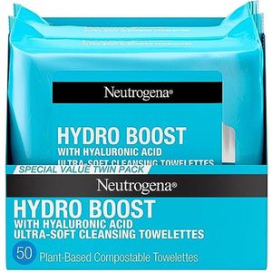 Neutrogena Hydro Boost gezichtsreinigingsdoekjes + hyaluronzuur, hydraterende make-up remover Gezichtsdoekjes Verwijder vuil en waterdichte make-up, hypoallergeen, 100% plantaardige doek, 2 x 25 stuks
