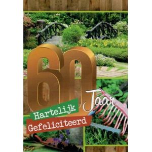 60 jaar! Van harte gefeliciteerd! Een bijzondere kaart met diverse bloemen in de tuin en een mooie brug in het midden. Een leuke kaart om zo te geven of om bij een cadeau te voegen. Een dubbele wenskaart inclusief envelop en in folie verpakt.