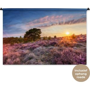 Wandkleed Landschappen Nederland - Bloeiende heide tijdens zonsondergang in Nederland Wandkleed katoen 150x100 cm - Wandtapijt met foto