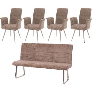 Eetkamerset MCW-G55, set van 4 stoelen met armleuningen + zitbank 180cm, geborsteld roestvrij staal stof/textiel chenille ~ bruin