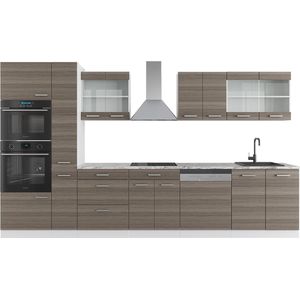 Vicco R-Line Keukenblok – 350 cm met hoge kast, met marmeren werkblad Edel grijs/wit met hoge kast, met marmeren werkblad
