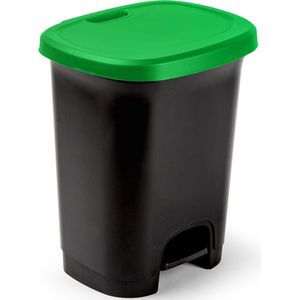 Kunststof afvalemmers/vuilnisemmers/pedaalemmers in het zwart/groen van 27 liter met deksel en pedaal 38 x 32 x 45 cm