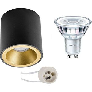 Opbouwspot Set - Proma Cliron Pro - GU10 Fitting - Opbouw Rond - Mat Zwart/Goud - Verdiept - Ø90mm - Philips - CorePro 840 36D - 4W - Natuurlijk Wit 4000K - Dimbaar