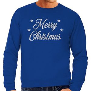 Foute Kersttrui / sweater - Merry Christmas - zilver / glitter - blauw - heren - kerstkleding / kerst outfit XXL