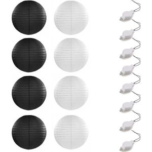 Setje van 8x stuks luxe zwart/witte bolvormige party lampionnen 35 cm met lantaarnlampjes - Feest decoraties/versiering