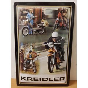 Kreidler Bromfiets collage reclamebord van metaal 30 x 20 cm GEBOLD BORD MET RELIEF METALEN-WANDBORD- RECLAMEBORD - MUURPLAAT - VINTAGE - RETRO - HORECA- WANDDECORATIE -TEKSTBORD - DECORATIEBORD - RECLAMEPLAAT - WANDPLAAT - NOSTALGIE -CAFE- BAR