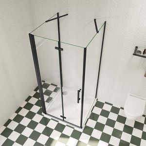 120x80x195cm douchecabine, met inklapbare vouwdeur en twee vaste zijwanden, 6mm helder EasyClean veiligheidsglas,mat zwarte aluminium frame, stabilisatiestang 50 cmX2