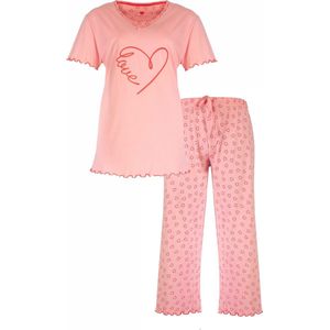 Dames Pyjama Set Tenderness – Hartjes print - 100% Gekamde Katoen – Roze- Maat 3XL