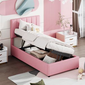 Sweiko Kinderbedkussen 90x200 cm, Hydraulisch opbergbed, Huidvriendelijk linnen loft bed, Roze (zonder matras)