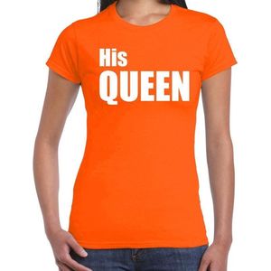 His queen t-shirt oranje met witte letters voor dames - Koningsdag - fun tekst shirts / leuke t-shirts S